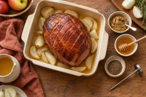 Gegarter Prager Schinken mit Zwiebeln, Apfelsaft, Senf, Honig und Fleischthermometer vorbereitet