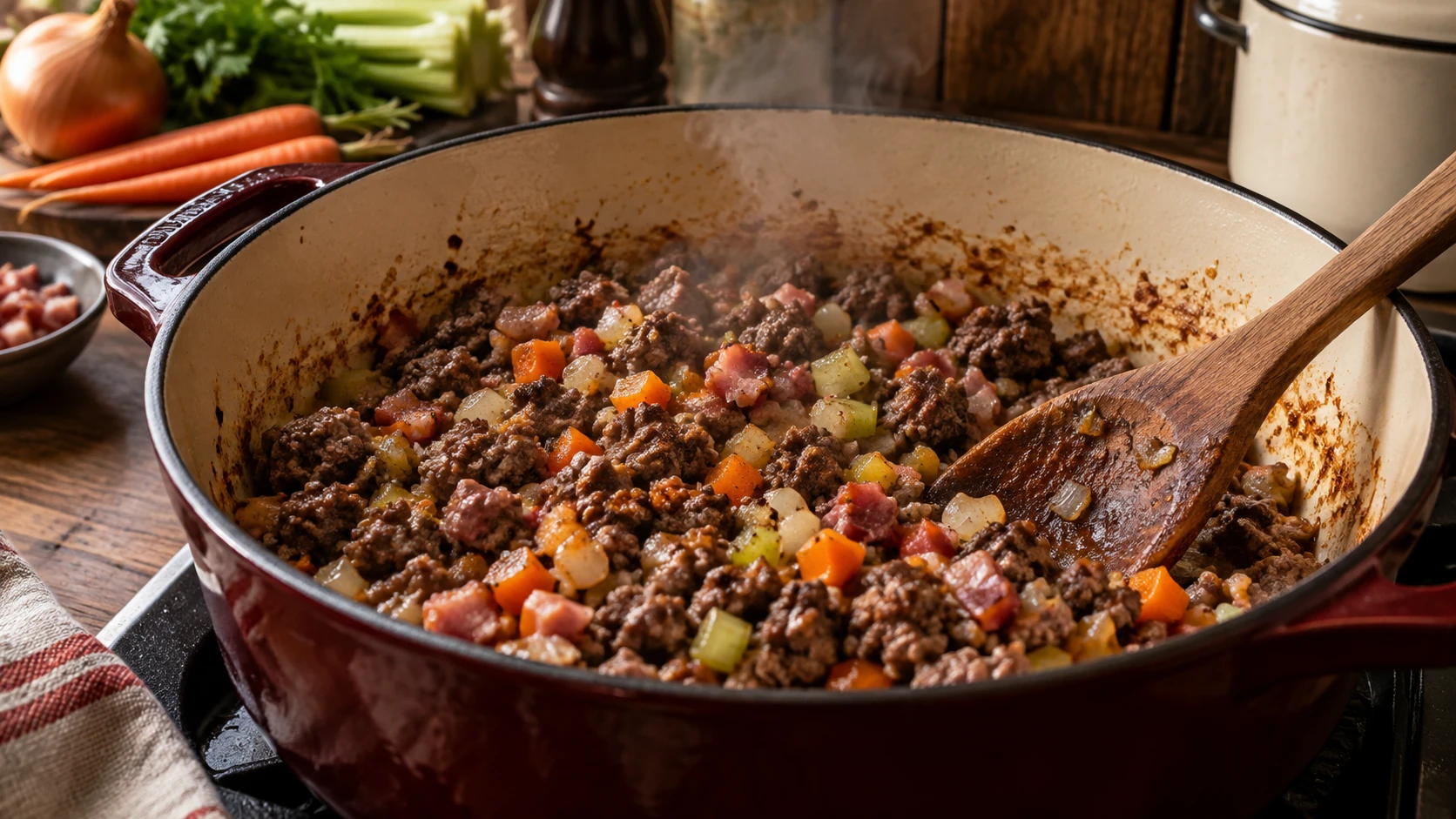 Rindfleisch, Pancetta und Gemüse werden für das Ragù kräftig angeröstet