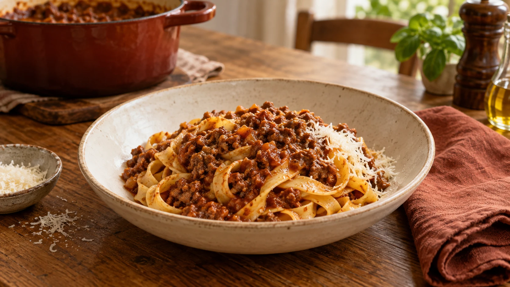 Tagliatelle mit Ragù alla Bolognese in einer hellen Keramikschale