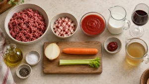 Zutaten für Ragù alla Bolognese mit Rindfleisch, Pancetta und Suppengemüse