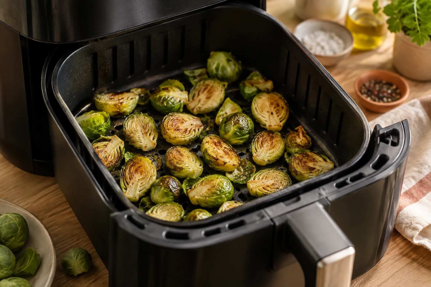 Halbierte Rosenkohlröschen mit ersten braunen Stellen in einem Airfryer-Korb