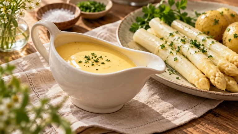 Cremige Sauce Hollandaise in einer Sauciere zu weißem Spargel und Kartoffeln