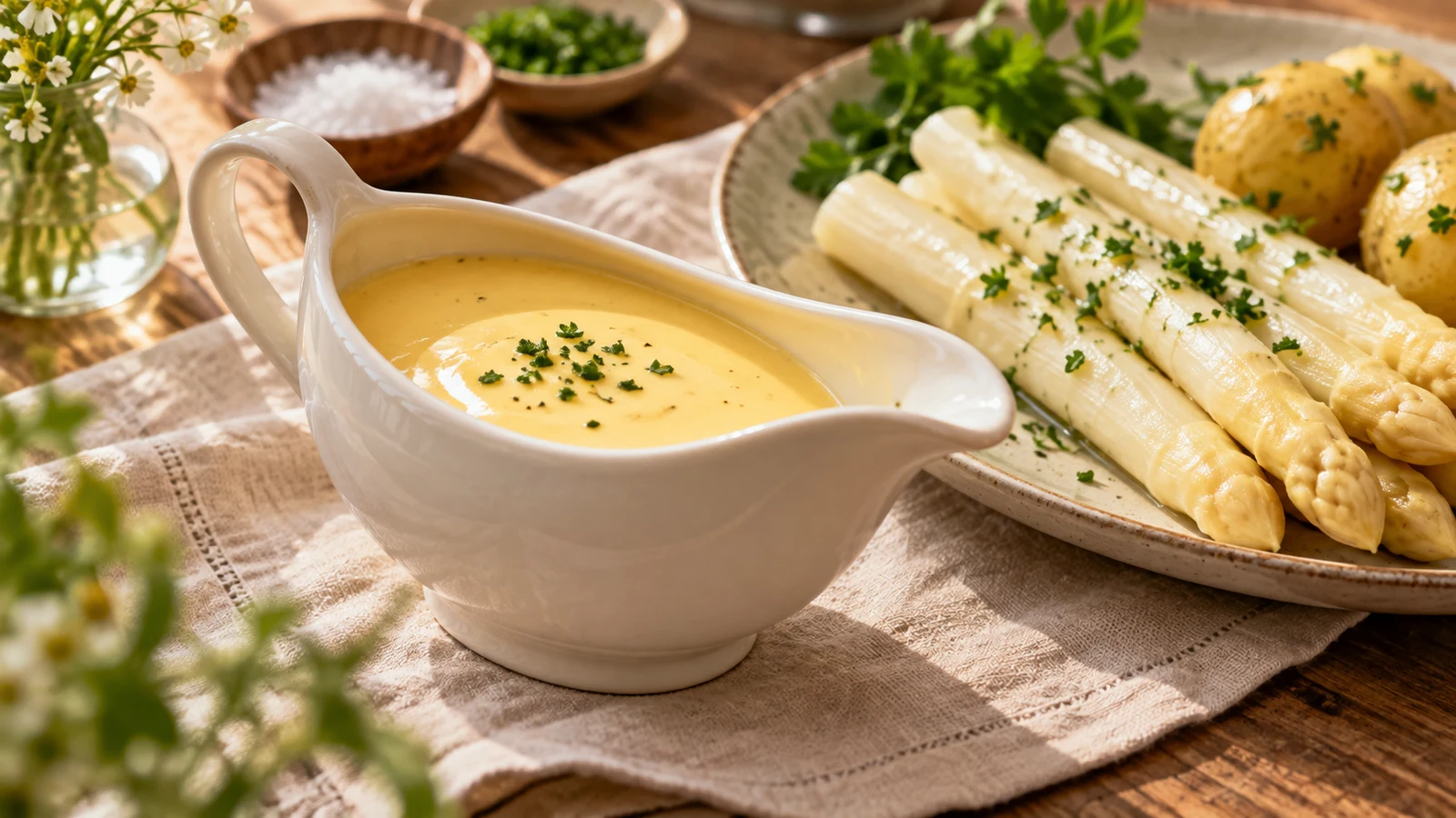 Cremige Sauce Hollandaise in einer Sauciere zu weißem Spargel und Kartoffeln