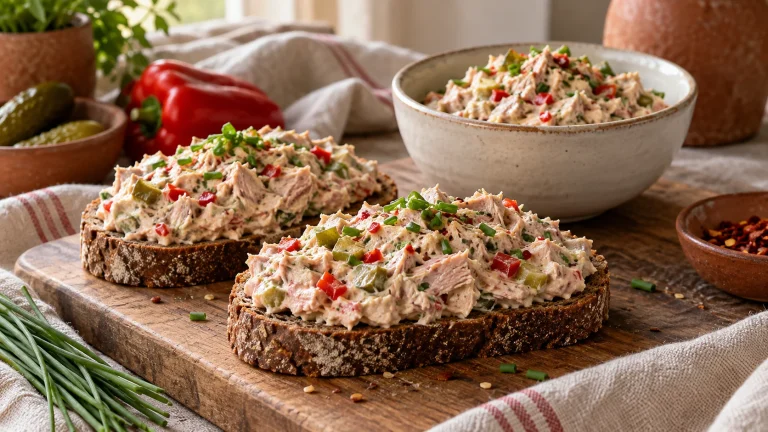 Scharfer Fischsalat als cremiger Brotaufstrich auf Roggenbrot