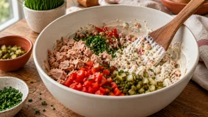 Thunfisch, Gemüse und cremiges Dressing werden in einer Schüssel vermischt