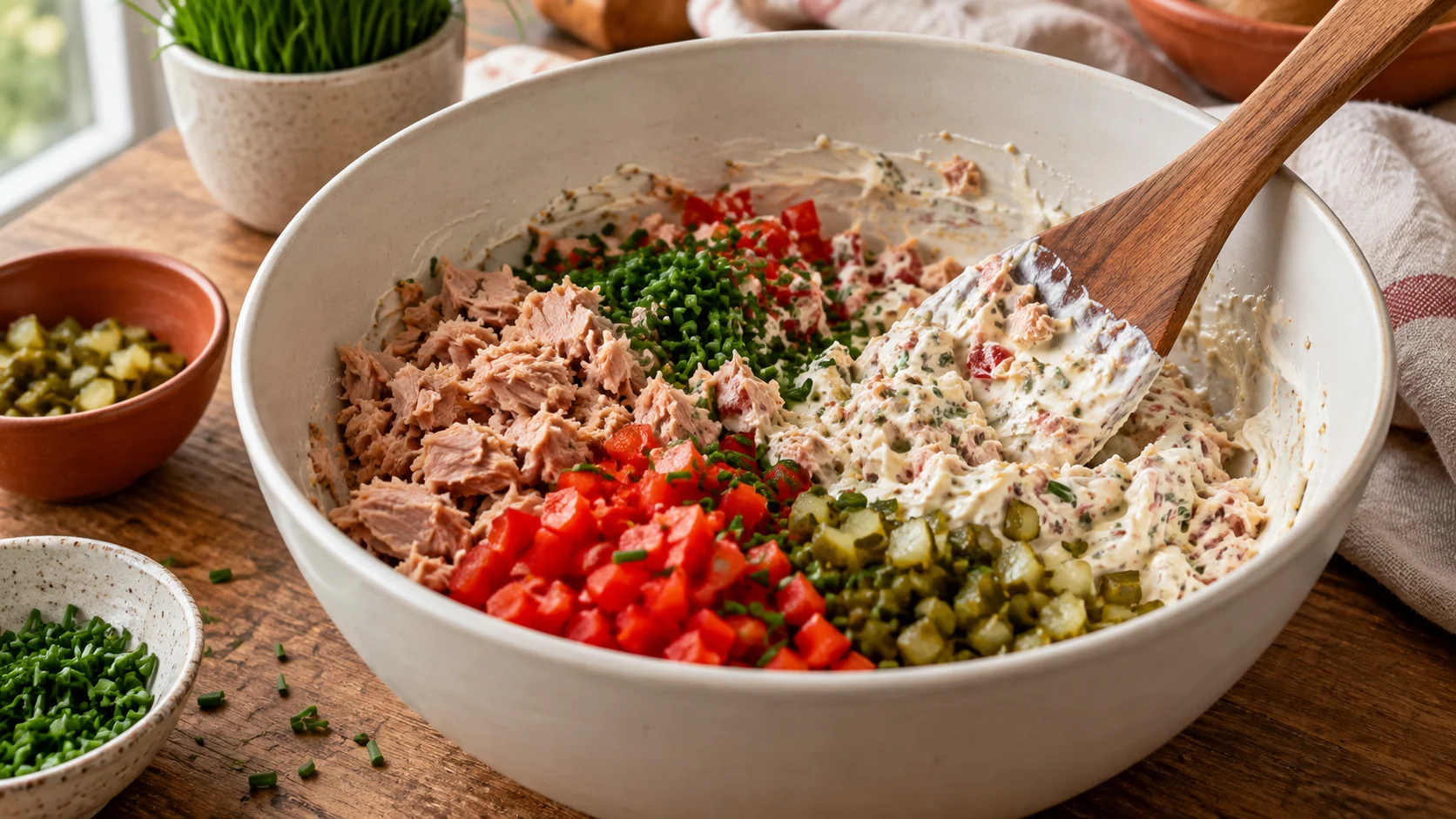 Thunfisch, Gemüse und cremiges Dressing werden in einer Schüssel vermischt