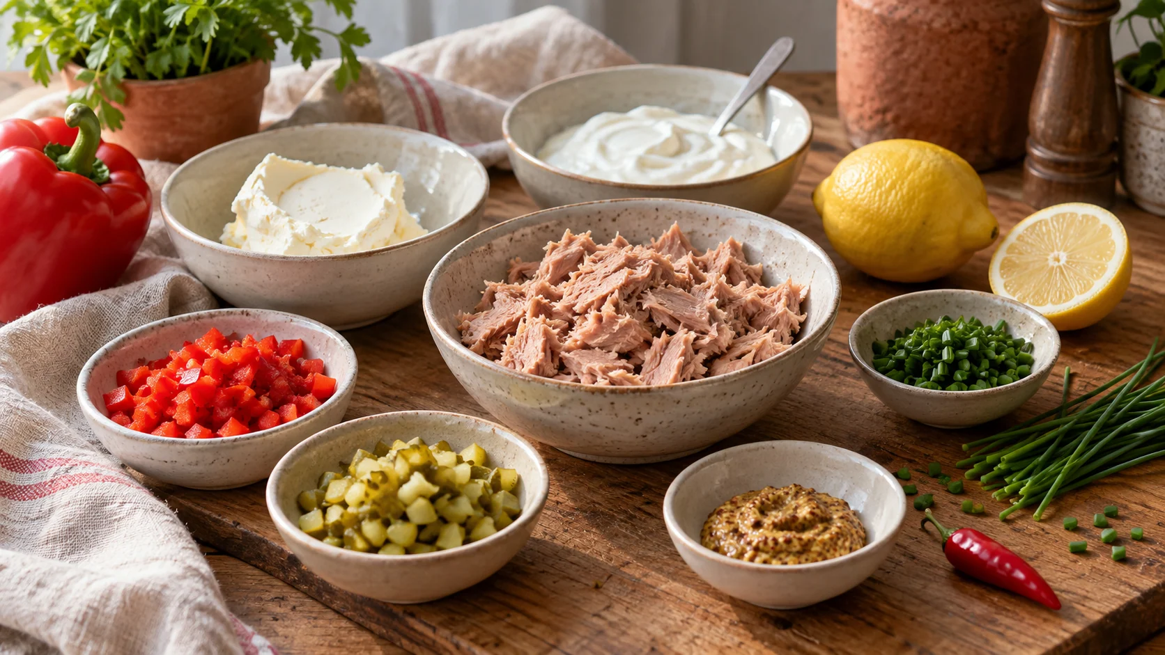 Zutaten für scharfen Fischsalat mit Thunfisch, Paprika und Gewürzgurke