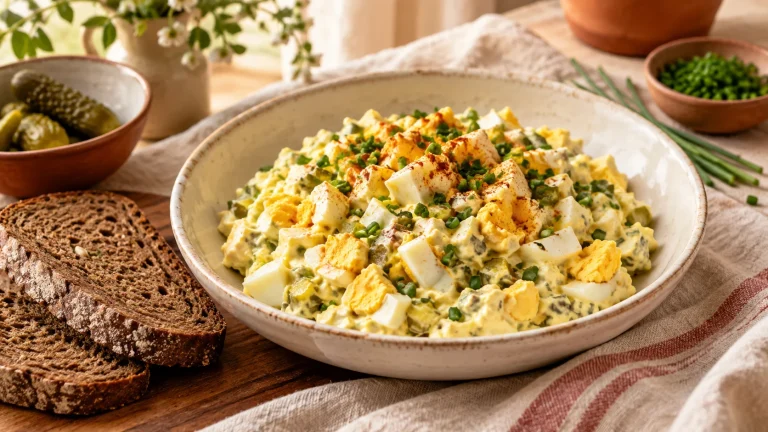 Cremiger Eiersalat mit Gewürzgurken und Schnittlauch in einer Schale