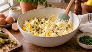 Gehackte Eier und Gurken werden vorsichtig unter das Dressing gehoben