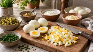 Gekochte Eier und Zutaten für schnellen Eiersalat auf einem Schneidebrett