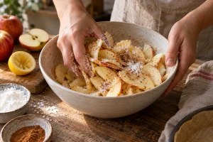 Apfelscheiben mit Zimt und Kartoffelstärke vermengen