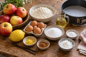 Äpfel, Eier, Mehl, Öl und Gewürze für schnellen Apfelkuchen