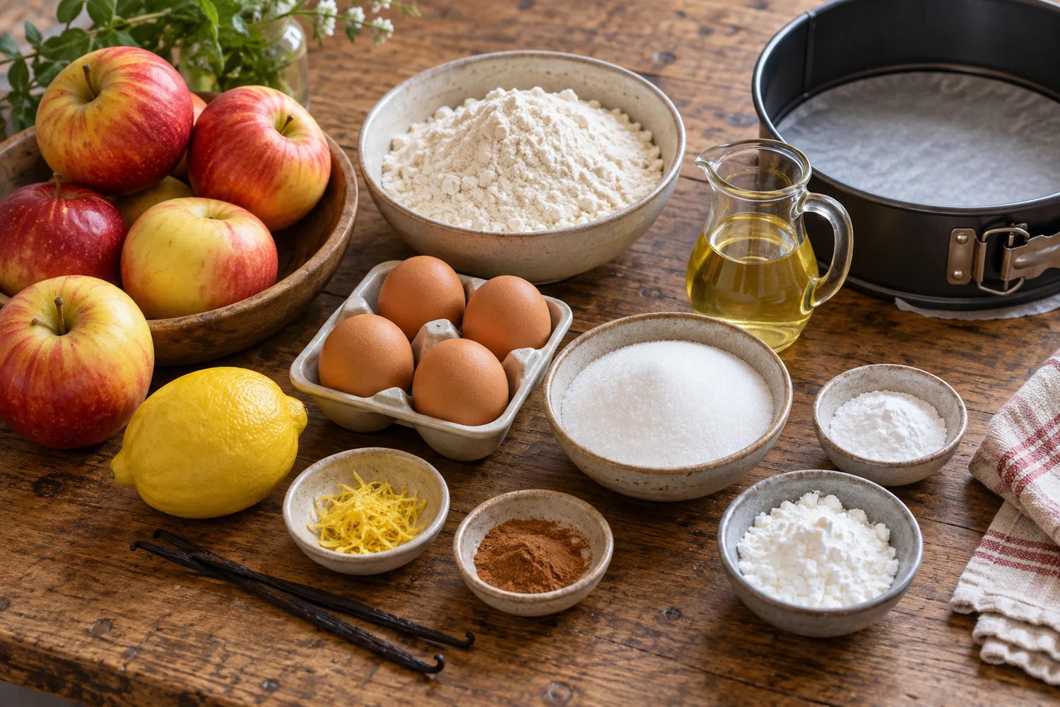 Äpfel, Eier, Mehl, Öl und Gewürze für schnellen Apfelkuchen