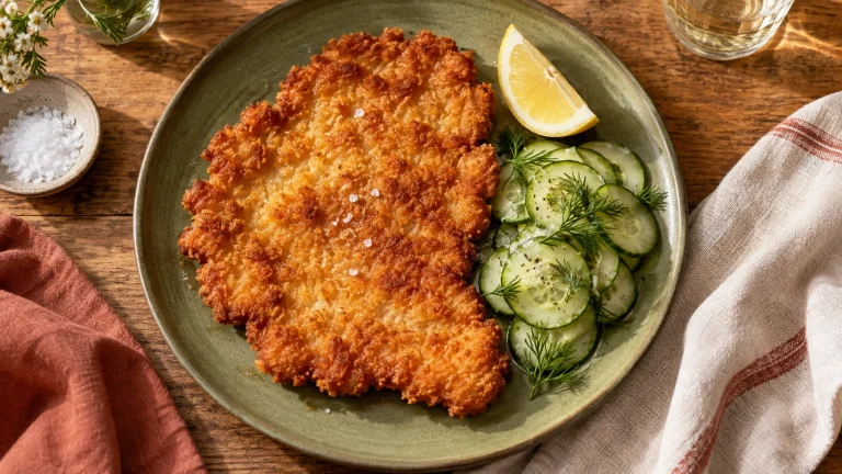Goldbraun gebratenes Schweineschnitzel ohne Ei mit Gurkensalat und Zitrone