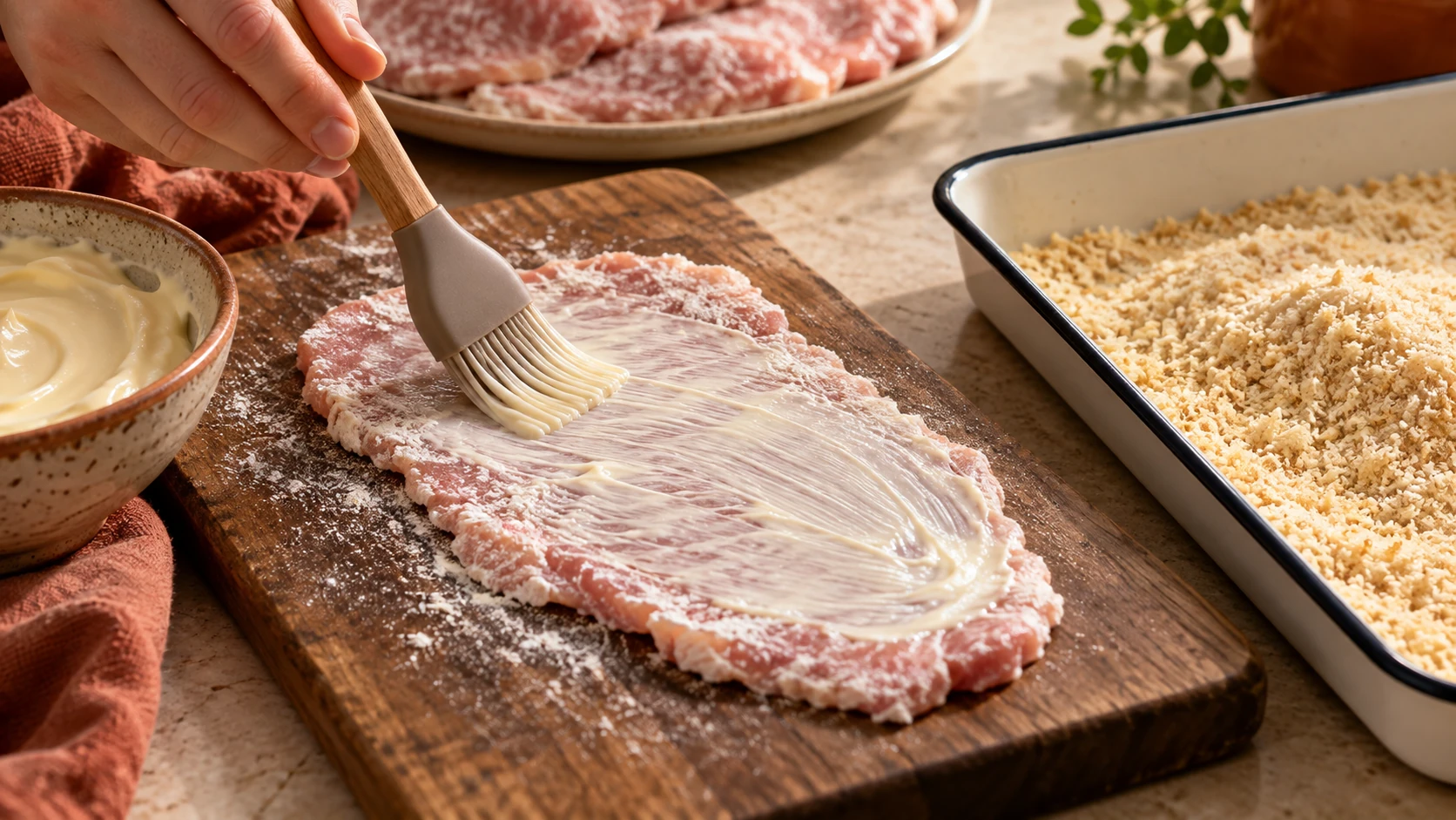 Sehr dünne Mayonnaiseschicht wird auf ein mehliertes Schweineschnitzel gestrichen