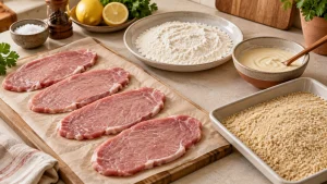 Dünne Schweineschnitzel mit Mehl, Mayonnaise und Semmelbröseln zum Panieren