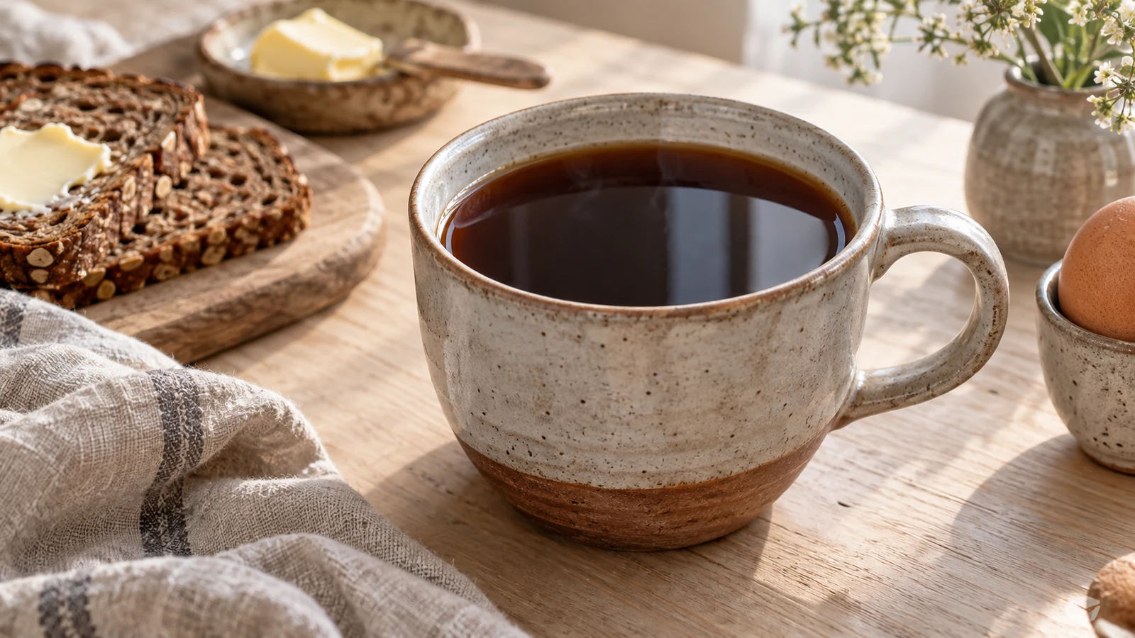 Dunkler schwedischer Eierkaffee in Keramiktasse auf hellem Frühstückstisch