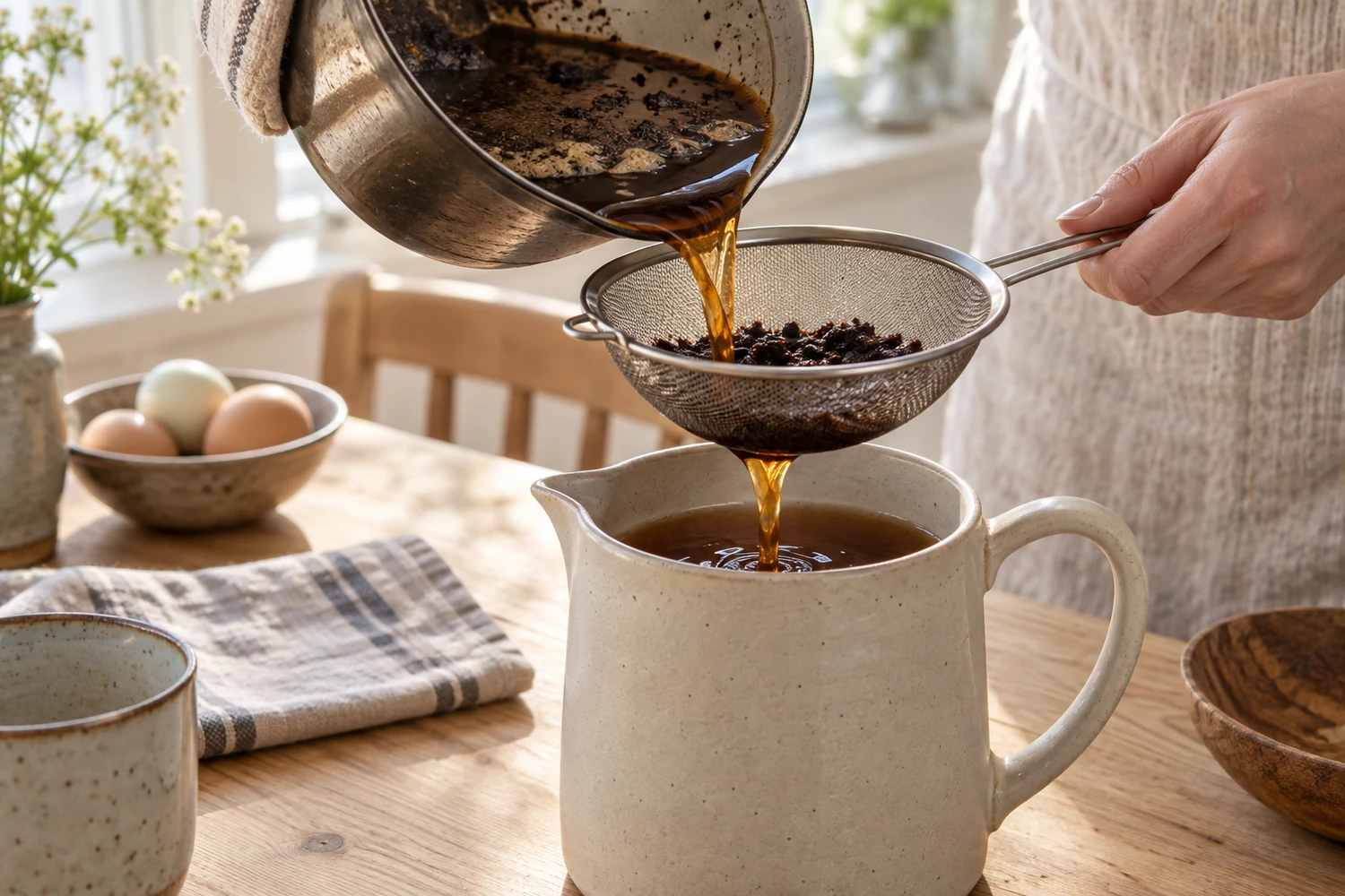 Schwedischer Eierkaffee wird durch ein feines Sieb in eine Kanne gegossen