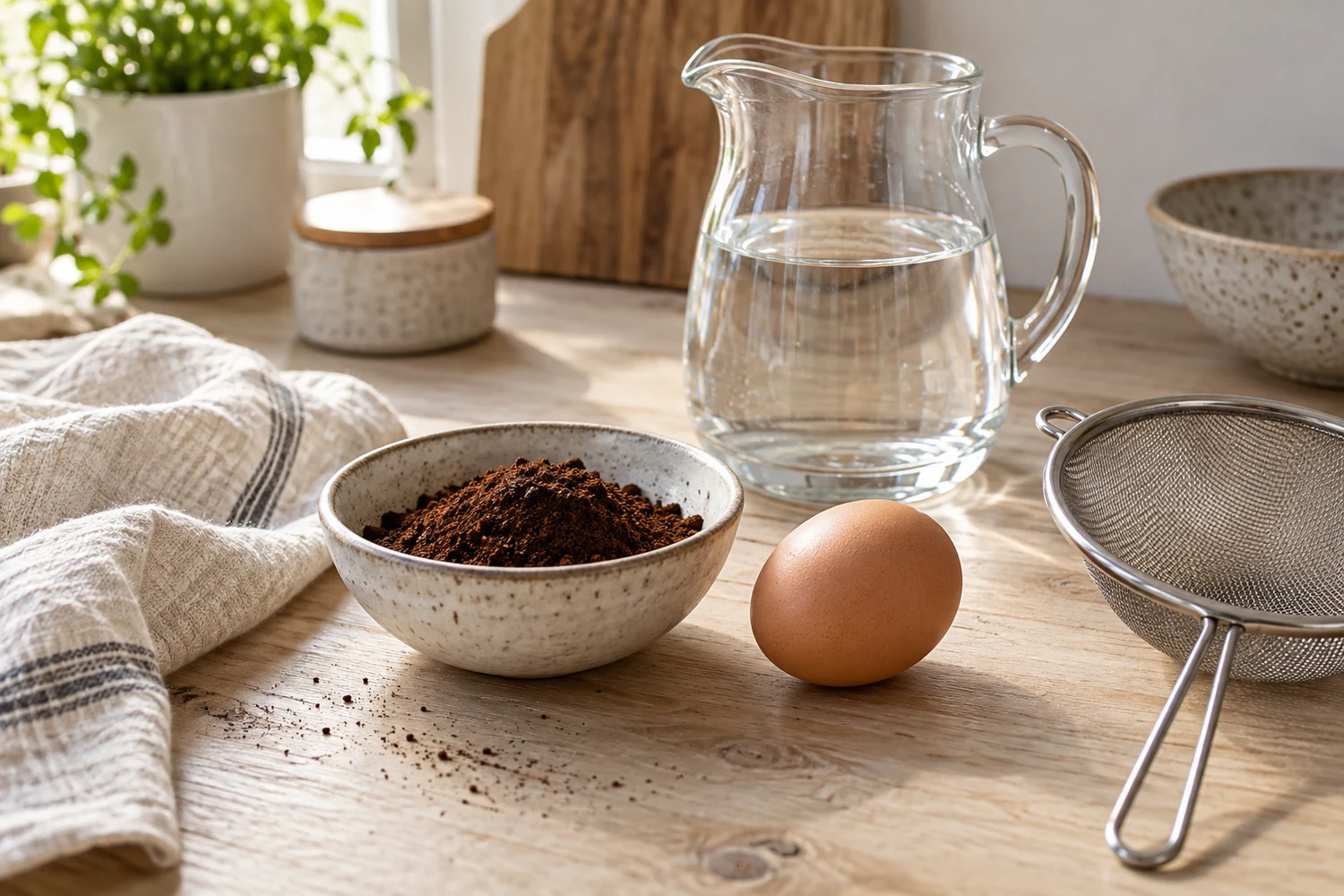Gemahlener Kaffee, frisches Ei, Wasser und feines Sieb auf Holztisch