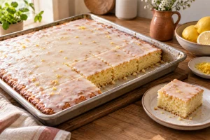 Gebackener Selterskuchen mit Zitronenguss und angeschnittener lockerer Krume
