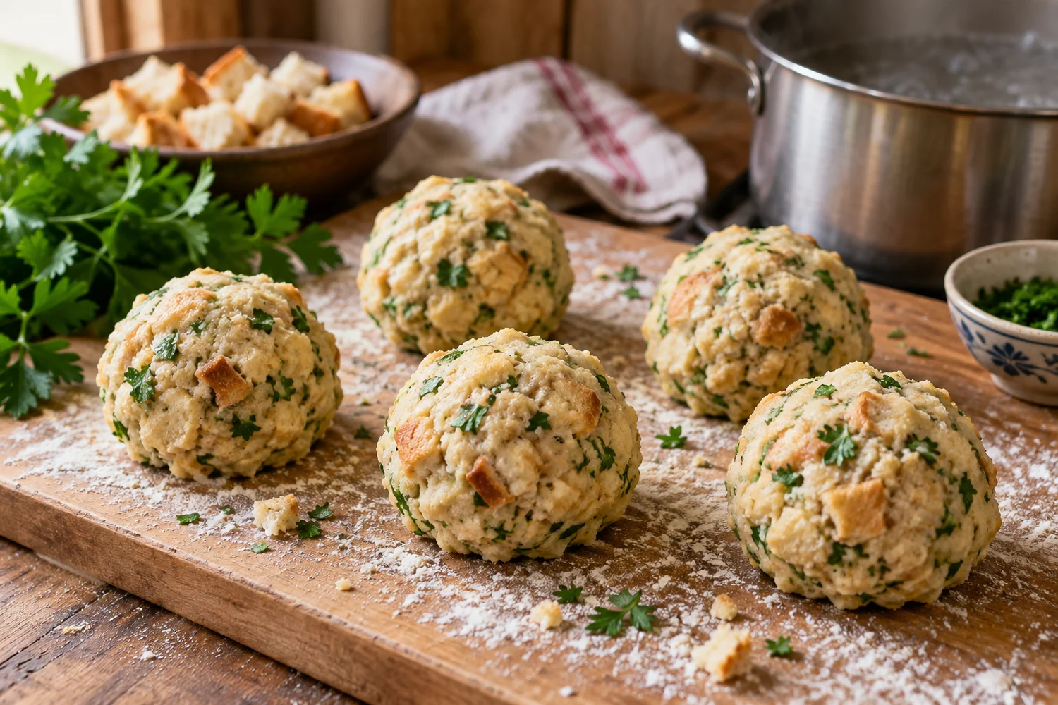 Locker geformte Semmelknödel vor dem Garen auf einem Brett