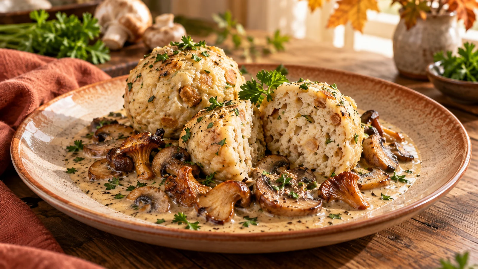 Lockere Semmelknödel mit cremiger Pilzrahmsauce auf einem Teller