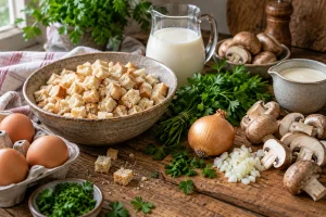 Brotwürfel, Eier, Milch, Petersilie und Pilze für Semmelknödel