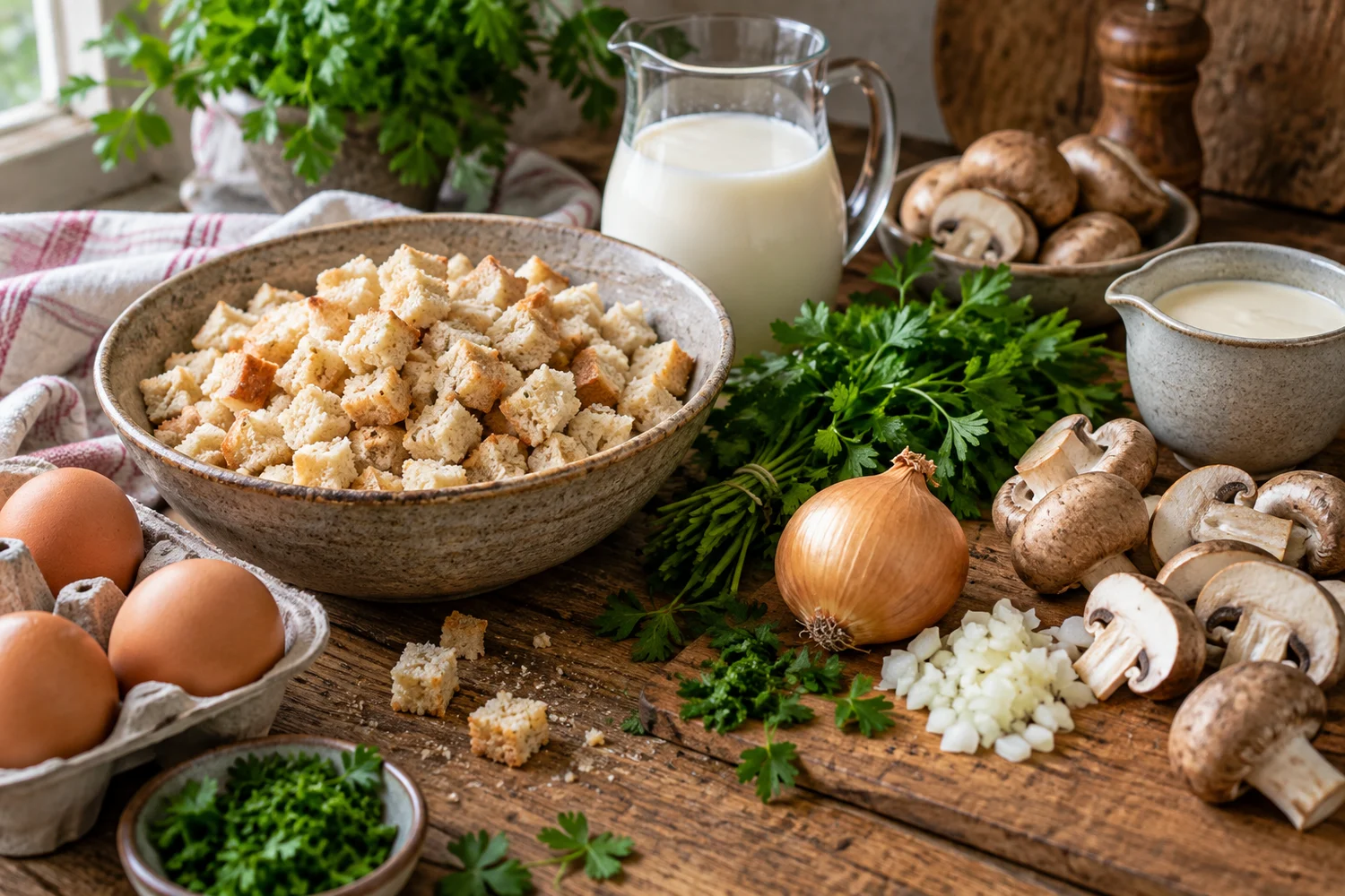Brotwürfel, Eier, Milch, Petersilie und Pilze für Semmelknödel