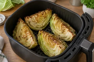 Spitzkohlspalten mit gebräunten Rändern im Airfryer-Korb