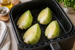 Gewürzte Spitzkohlspalten mit Abstand im Airfryer-Korb