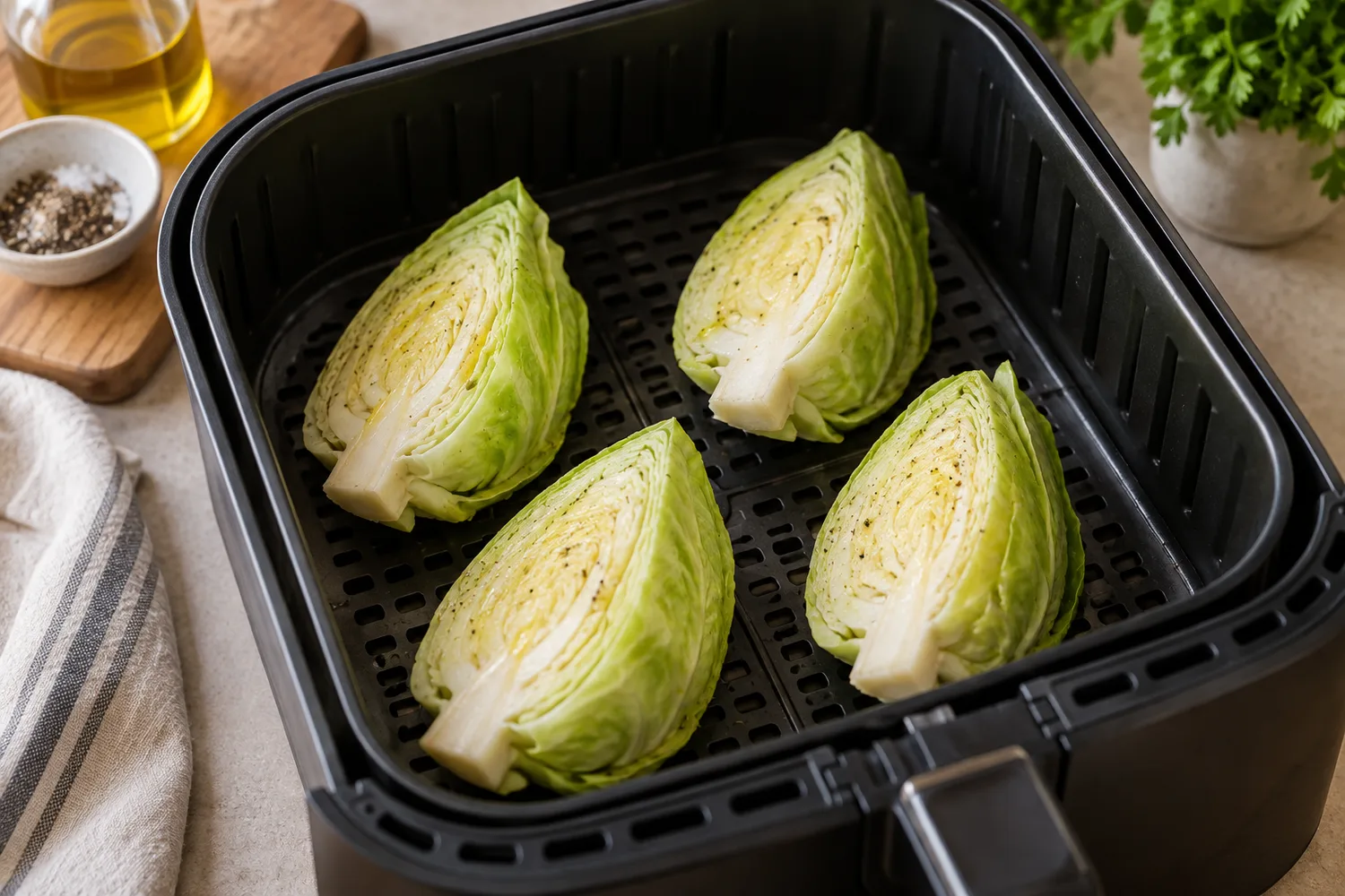 Gewürzte Spitzkohlspalten mit Abstand im Airfryer-Korb