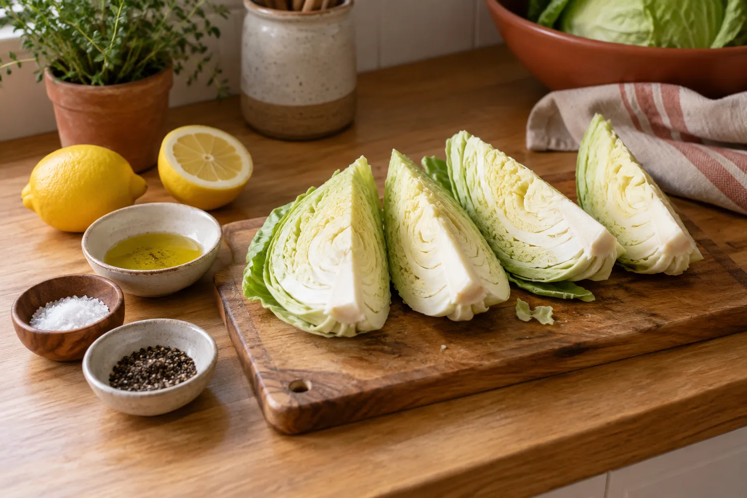 Spitzkohl in gleichmäßige Spalten geschnitten, daneben Öl und Zitrone
