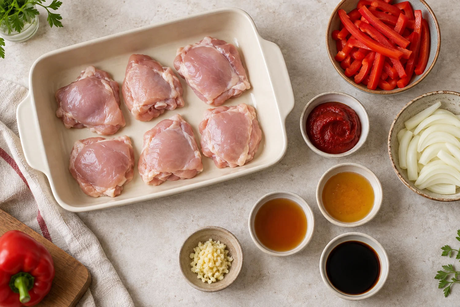 Hähnchen, Paprika, Zwiebeln und Zutaten für die süß-saure Sauce vor dem Backen