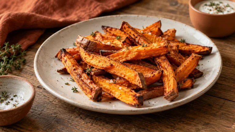 Süßkartoffelpommes aus dem Airfryer mit gebräunten knusprigen Kanten