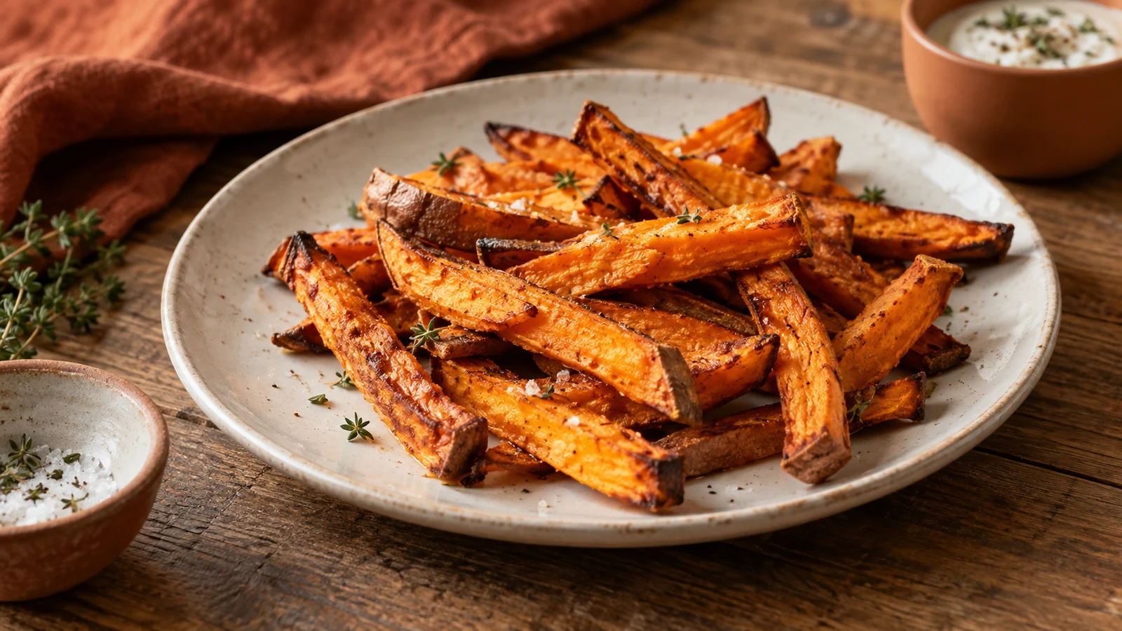 Süßkartoffelpommes aus dem Airfryer mit gebräunten knusprigen Kanten
