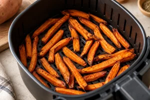 Süßkartoffelpommes locker verteilt im Airfryer-Korb