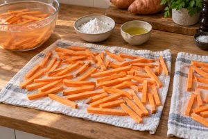 Gleichmäßige Süßkartoffelstifte trocknen neben Stärke und Öl
