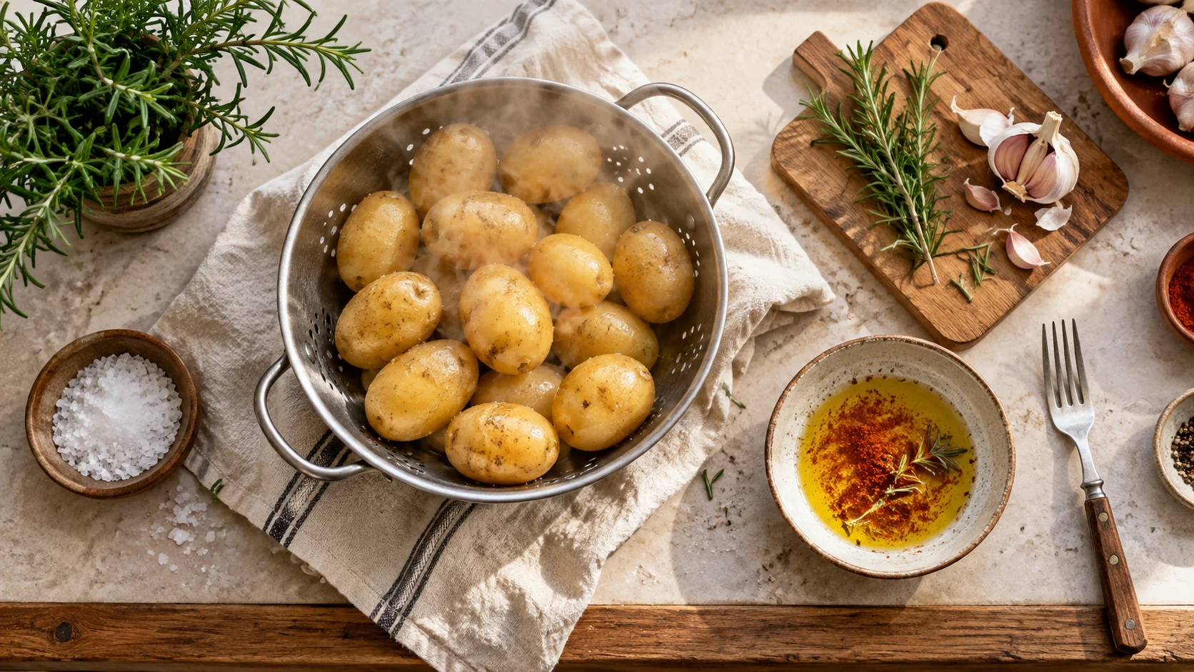 Kleine gekochte Kartoffeln mit Gewürzöl, Rosmarin und Knoblauch zur Vorbereitung