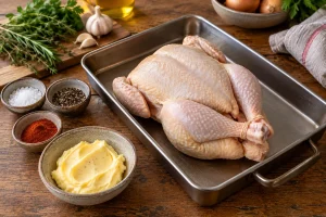 Trocken getupftes rohes Hähnchen mit Butter, Salz, Pfeffer und Paprika