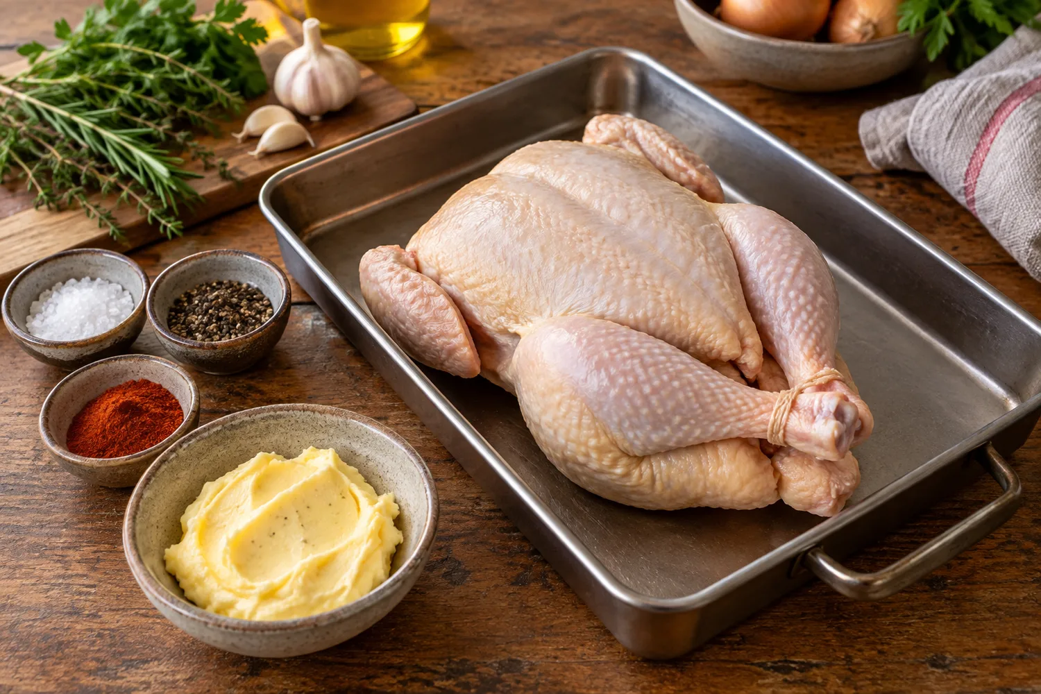 Trocken getupftes rohes Hähnchen mit Butter, Salz, Pfeffer und Paprika