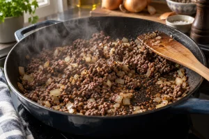 Hackfleisch und Zwiebeln werden in einer breiten Pfanne kräftig angebraten