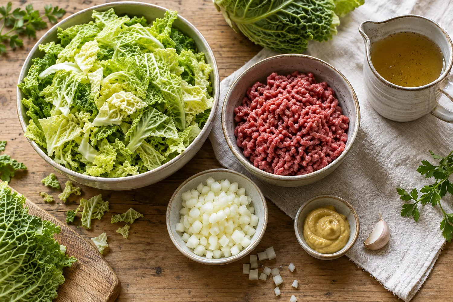 Geschnittener Wirsing mit rohem Hackfleisch, Zwiebel, Knoblauch und Brühe