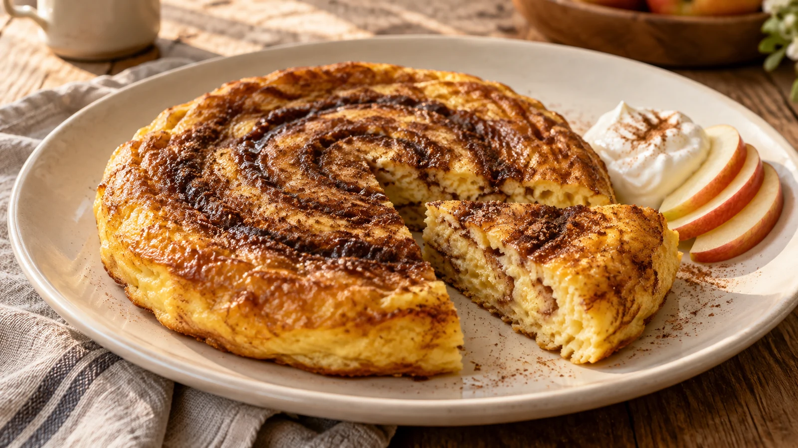 Goldgelbes Zimt-Omelett mit dunklem Zimt-Swirl und weicher Mitte