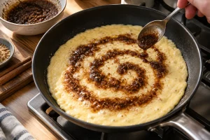 Zimt-Swirl wird spiralförmig auf Omelett in der Pfanne gegeben
