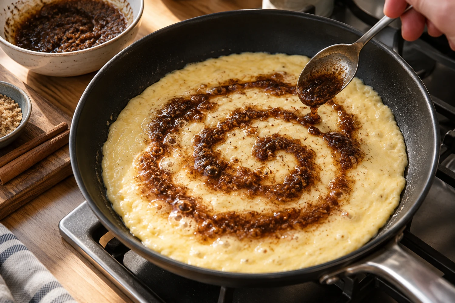 Zimt-Swirl wird spiralförmig auf Omelett in der Pfanne gegeben