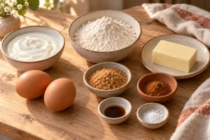 Eier, Joghurt, Mehl, Butter, Zucker und Zimt für süßes Omelett