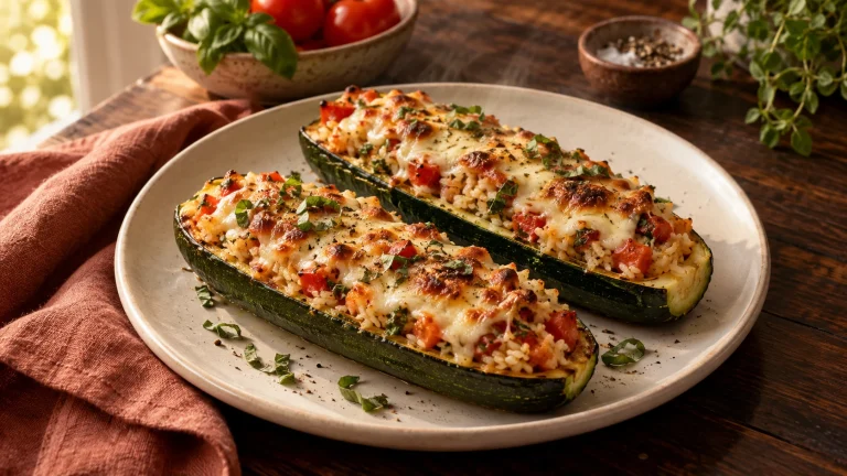 Vegetarisch gefüllte Zucchini-Boote mit Reis, Tomaten und goldbraunem Mozzarella