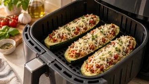 Mit Reis und Mozzarella gefüllte Zucchini-Boote im Korb des Airfryers
