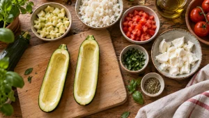 Ausgehöhlte Zucchini mit gekochtem Reis, Tomaten, Kräutern und Mozzarella vorbereitet
