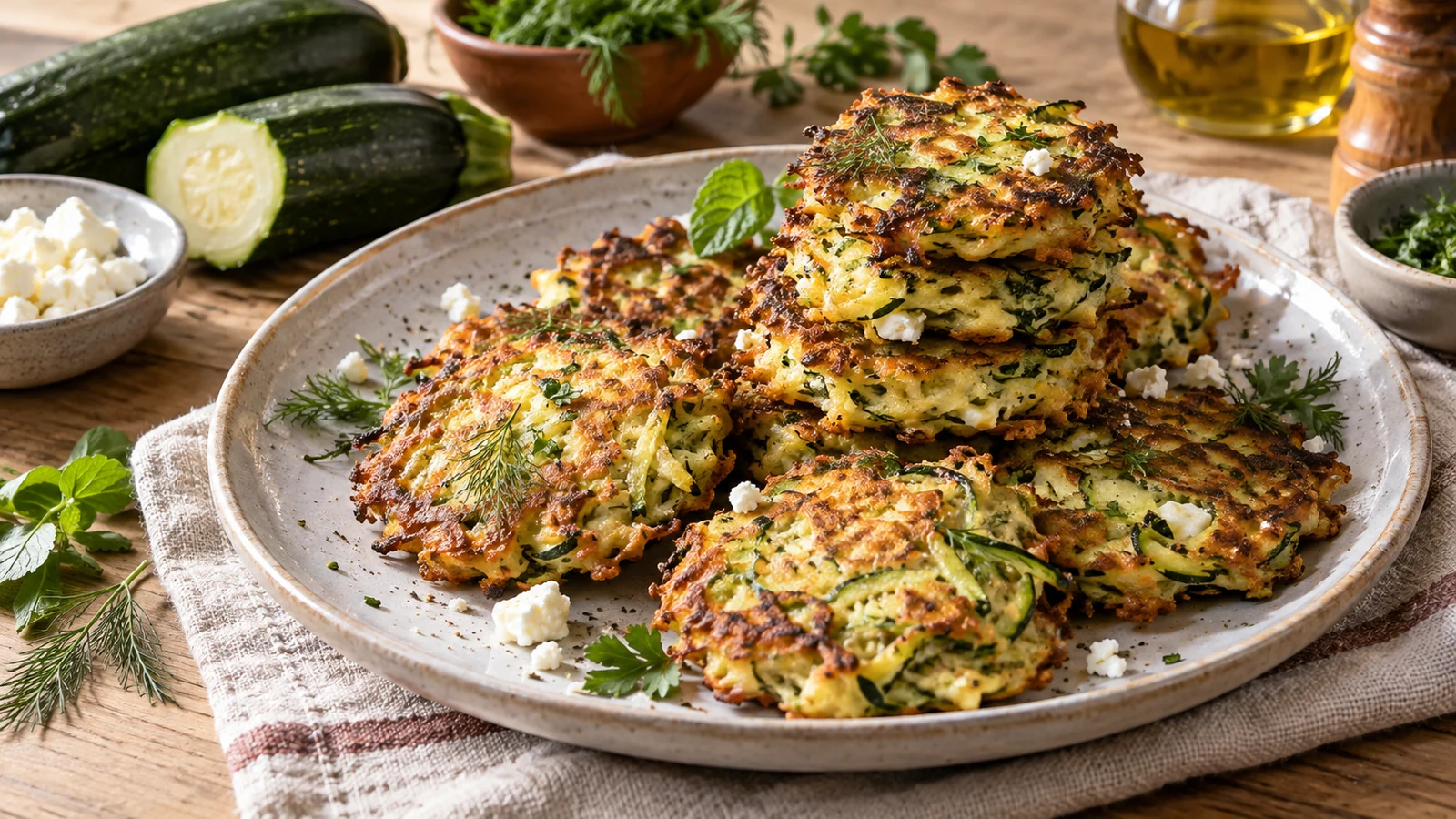 Kleine goldbraune Zucchini-Puffer ohne Mehl mit knusprigen Rändern
